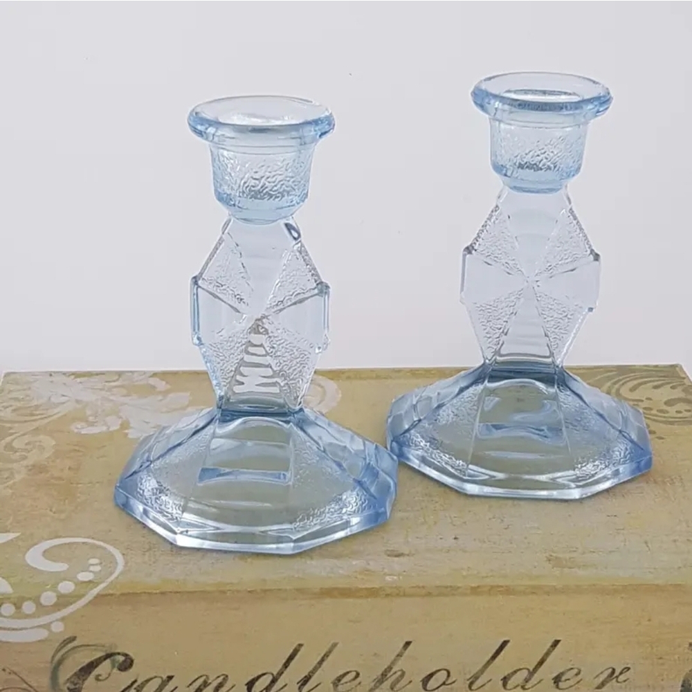 2pc Vintage Ice Blue 5" Taper Candlestick Holders